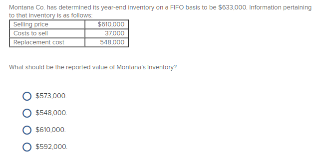 Montana co. has determined its year-end inventory on a fifo basis to be $633,000. information pertalning to that inventory is as follows selling price costs to sell replacement cost 37,000 what should be the reported value of montanas inventory? o $573,000. o $548,000. o $610.000 o 92,000.