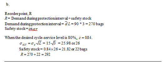 b. Reorderpoint,R R-Demand duringprotectioninterval+safety stock Demand duringprotection interval-dL -90 3-270 bags Safety st