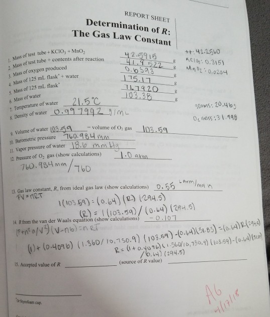 Report Sheet Determination Of R The Gas Law Const Chegg Com