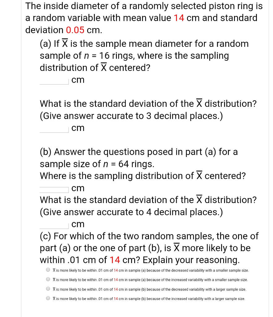 Solved The Inside Diameter Of A Randomly Selected Piston Chegg Com