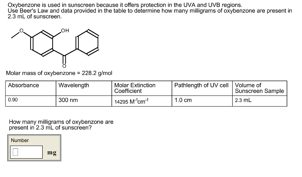 Oxybenzone is used in sunscreen because it offers protection in the UVA and UVB regions. Use Beers Law and data provided in the table to determine how many milligrams of oxybenzone are present in 2.3 mL of sunscreen. OH Molar mass of oxybenzone 228.2 g/mol Absorbance Wavelength Molar Extinction Pathlength of UV cell Volume of Coefficient Sunscreen Sample 2.3 mL 0.90 300 nm 14295 Mcm1 1.0 cm How many milligrams of oxybenzone are present in 2.3 mL of sunscreen? Number mg
