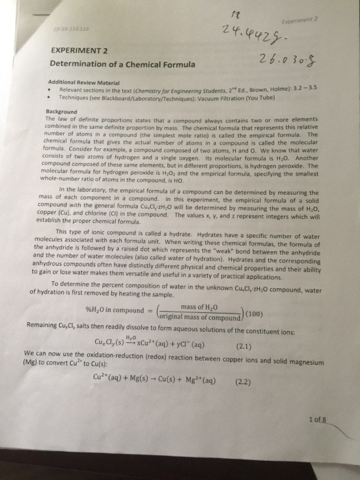 Experiment 2 Determination Of A Chemical Formula Chegg 