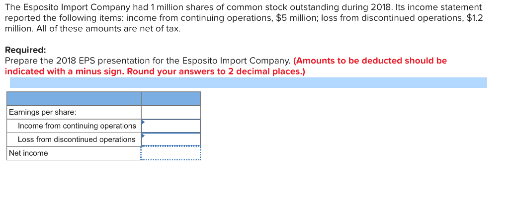 The Esposito Import Company had 1 million shares of common stock outstanding during 2018. Its income statement reported the following items: income from continuing operations, $5 million; loss from discontinued operations, $1.2 million. All of these amounts are net of tax. Required: Prepare the 2018 EPS presentation for the Esposito Import Company. (Amounts to be deducted should be indicated with a minus sign. Round your answers to 2 decimal places.) Earnings per share Income from continuing operations Loss from discontinued operations Net income