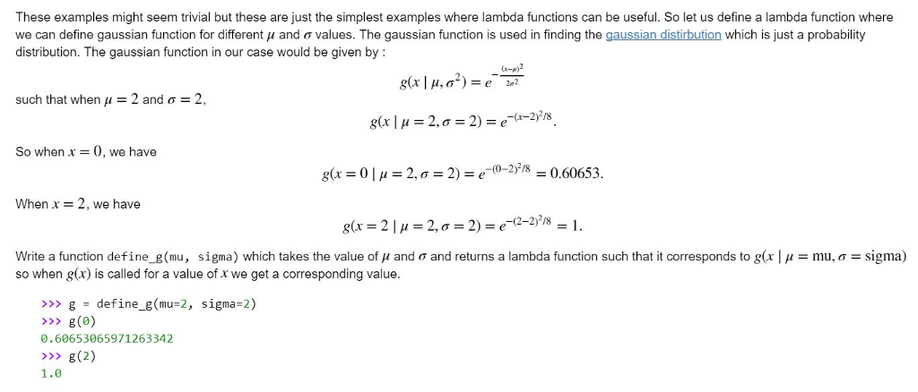 Solved Python Lambda Functions Def Define G Mu Sigma Chegg Com