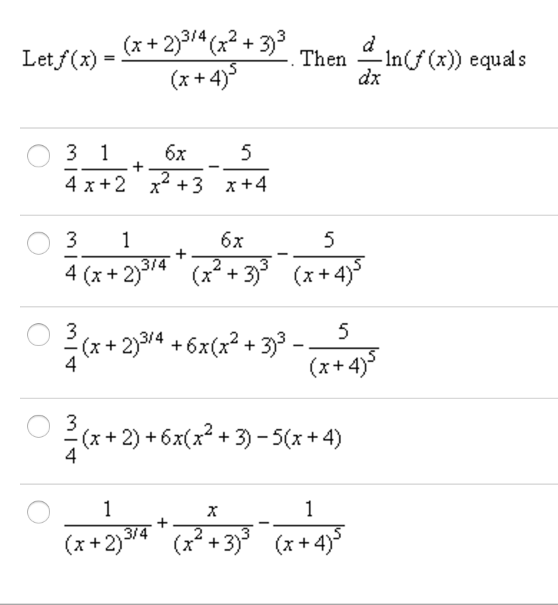 Solved: Let F(x) = (x+2)^3/4 (x^2 + 3)^3/(x + 4)^5. Then D ...