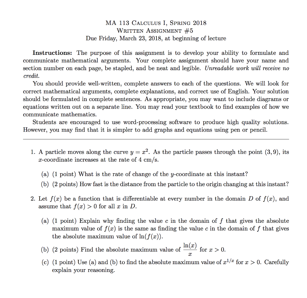 Solved Ma 113 Calculus I Spring 18 Written Assignment Chegg Com