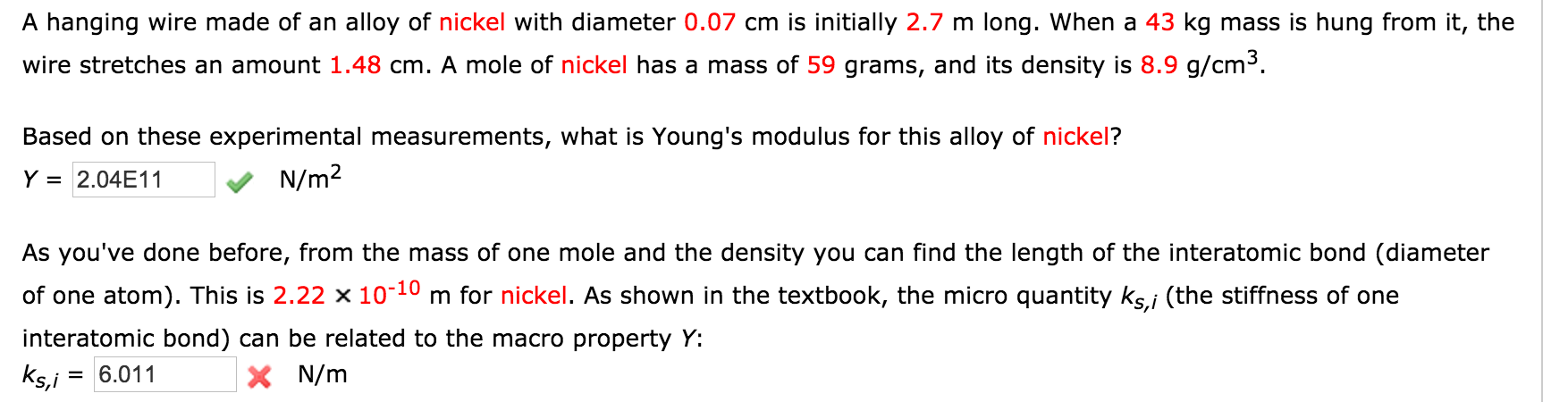 Solved A Hanging Wire Made Of An Alloy Of Nickel With Dia Chegg Com