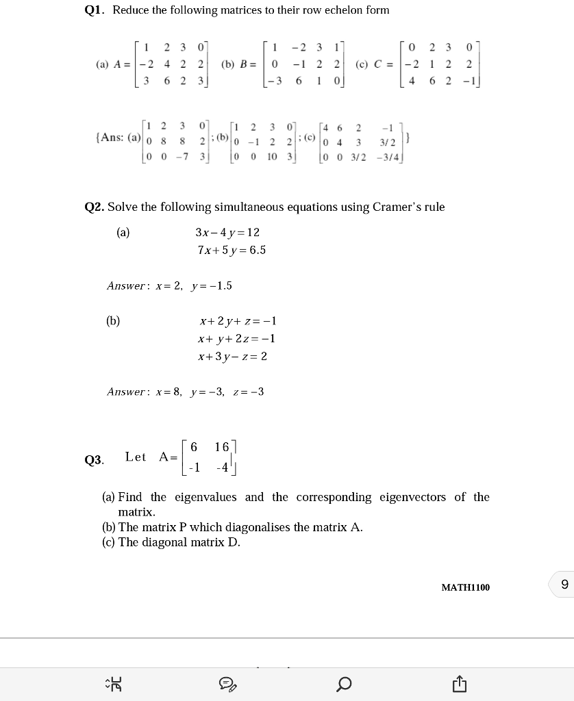 solved q1 reduce the following matrices to their row ech row echelon form rules