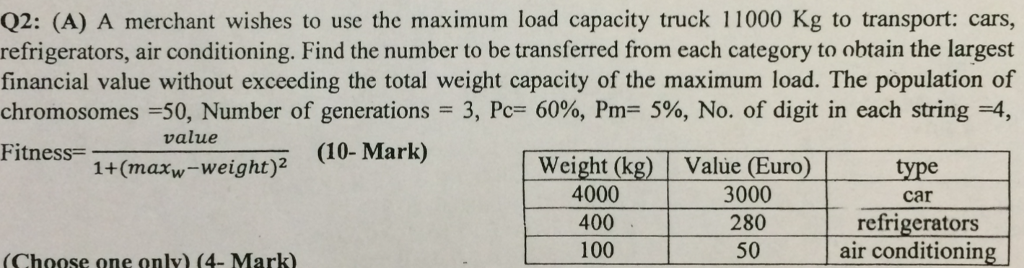Q2: (A) A merchant wishes to use the maximum load capacity truck 11000 Kg to transport: cars, refrigerators, air conditioning. Find the number to be transferred from each category to obtain the largest financial value without exceeding the total weight capacity of the maximum load. The population of chromosomes-50, Number of generations = 3, Pc= 60%, Pm= 5%, No. of digit in each string-4, Fitness- value 1+ Cmakw-weighey (I0- Mark) Weight (kg) Value (Euro 4000 400 100 3000 280 50 type car refrigerators air conditioning Choose one only) (4-Mark)