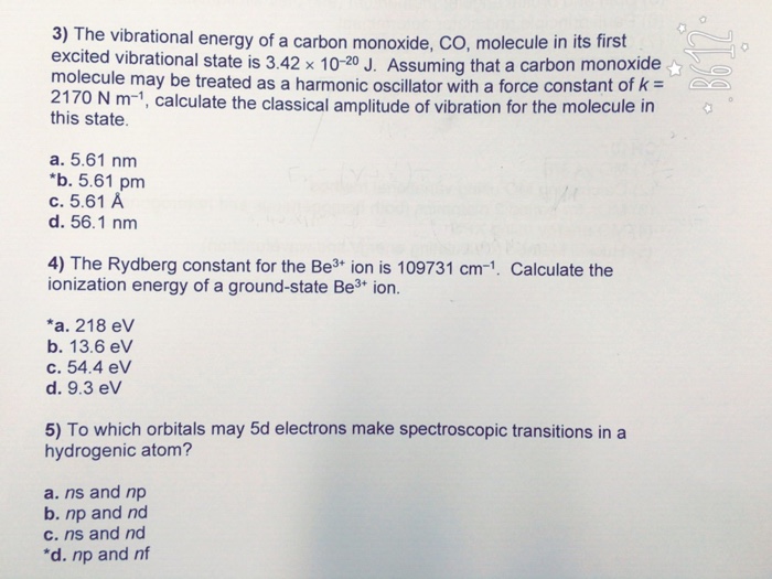 Solved 3 The Vibrational Energy Of A Carbon Monoxide Co Chegg Com