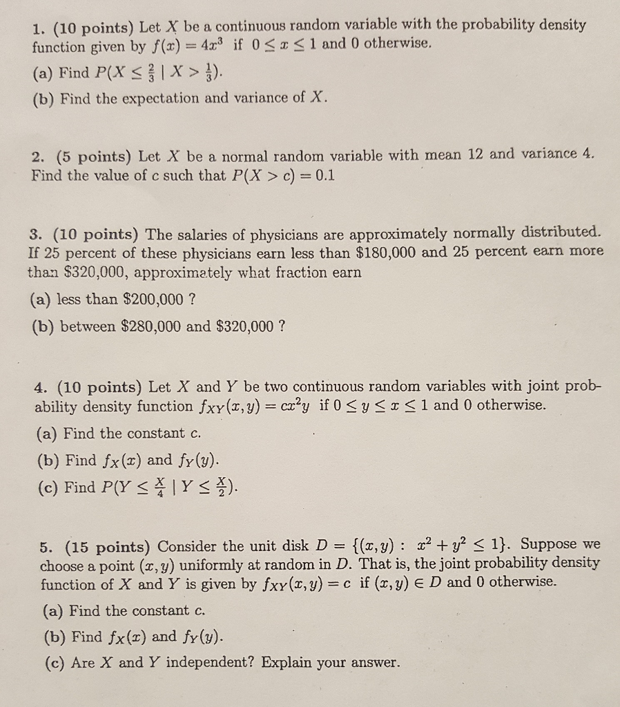 Solved 1 10 Points Let X Be A Continuous Random Variable Chegg Com