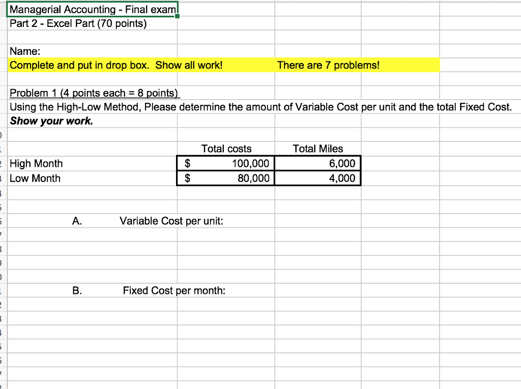 Solved Managerial Accounting Final Exam Part 2 Excel