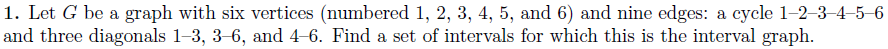 1. Let G be a graph with six vertices (numbered 1, 2, 3, 4, 5, and 6) and nine edges: a cycle 1-2-3-4-5-6 and three diagonals 1-3, 3-6, and 4-6. Find a set of intervals for which this is the interval graph.