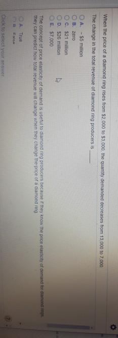When the price of a diamond ring rises from $2.000 to $3,000, the quantity demanded decreases from 13,000 to 7.000 the change in the total revenue of diamond ring producers is oa. $5 million ob. zero e c. $21 million d $26 mision oe $7000 price elasticity of demand for diamond rings the concept of price elasticity of demand is useful to diamond ring producers because if they know the they can predict how total revenue will change when they change the price of a diamond ring a. true