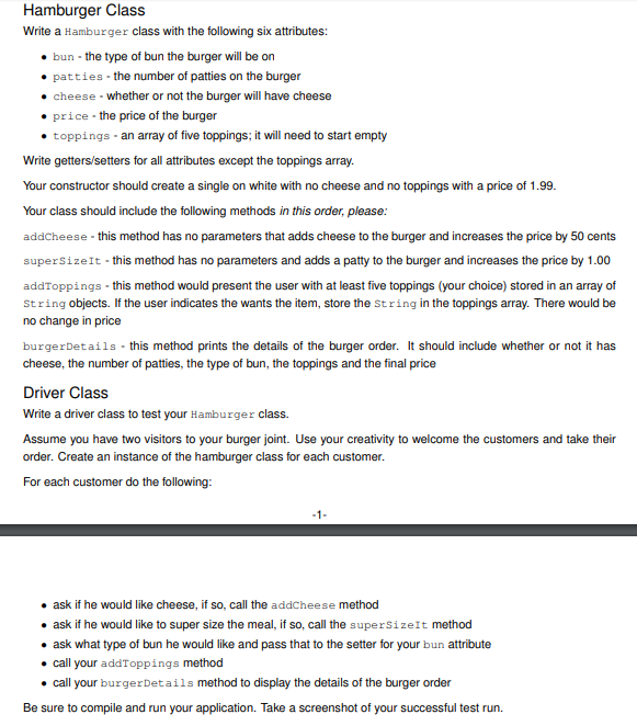 Solved Hamburger Class Write A Hamburger Class With The F - 