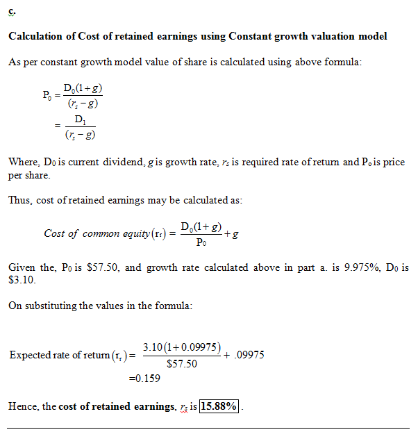 Calculation of Cost of retained earnings using Constant growth valuation model As per constant growth model value of share is