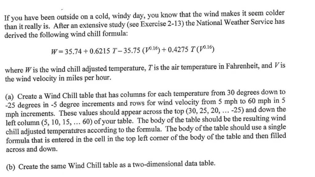 If you have been outside on a cold, windy day, you know that the wind makes it seem colder than it really is. After an extensive study (see Exercise 2-13) the National Weather Service has derived the following wind chill formula: W= 35.74 + 0.6215 T-35.75 ( 0.16)+0.4275 T(V0.16) where W is the wind chill adjusted temperature, Tis the air temperature in Fahrenheit, and Vis the wind velocity in miles per hour. (a) Create a Wind Chill table that has columns for each temperature from 30 degrees down to -25 degrees in -5 degree increments and rows for wind velocity from 5 mph to 60 mph in 5 mph increments. left column (5, 10, 15,... 60) of your table. The body of the table should be the resulting wind chill adjusted temperatures according to the formula. The body of the table should use a single formula that is entered in the cell in the top left corner of the body of the table and then filled across and down These values should appear across the top (30, 25, 20, -25) and down the (b Create the same Wind Chill table as a two-dimensional data table.