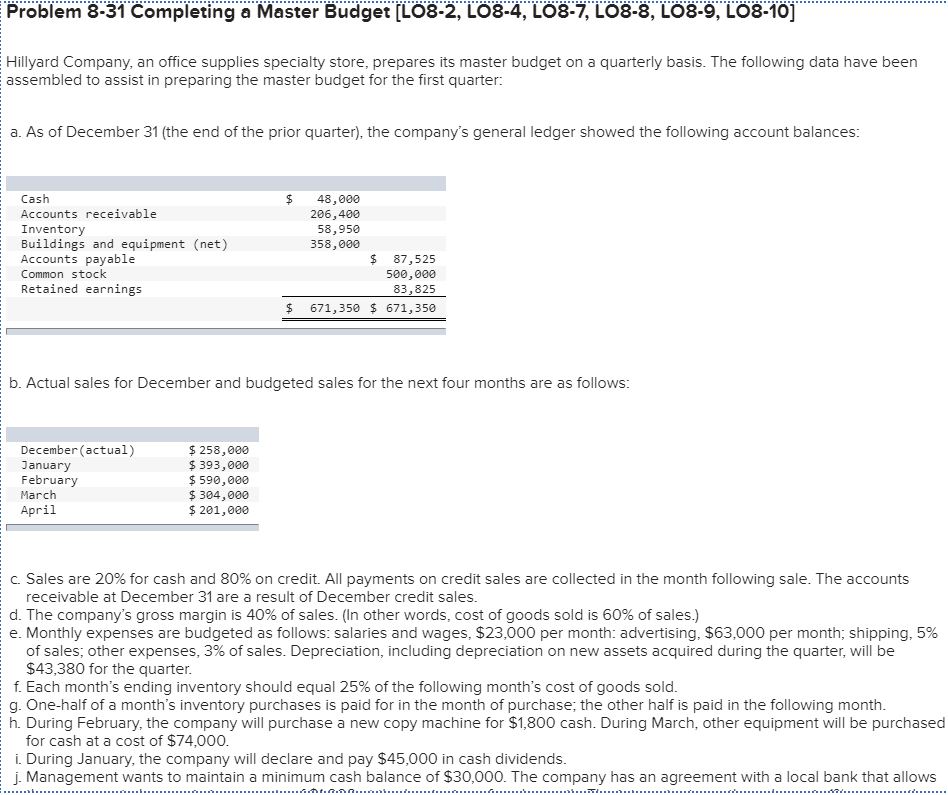 Problem 8-31 completing a master budget [lo8-2, lo8-4, lo8-7, lo8-8, lo8-9, lo8-10] hillyard company, an office supplies specialty store, prepares its master budget on a quarterly basis. the following data have been assembled to assist in preparing the master budget for the first quarter: a. as of december 31 (the end of the prior quarter), the companys general ledger showed the following account balances cash accounts receivable inventory buildings and equipment (net) accounts payable common stock retained earnings $ 48,000 206,400 58,950 358,000 $ 87,525 500,000 83,825 $ 671,350 671,350 b. actual sales for december and budgeted sales for the next four months are as follows december (actual) january february march $ 258,000 $393,000 $590,000 $304,0e0 $ 201,000 c. sales are 20% for cash and 80% on credit. all payments on credit sales are collected in the month following sale. the accounts receivable at december 31 are a result of december credit sales d. the companys gross margin is 40% of sales. (in other words, cost of goods sold is 60% of sales) e. monthly expenses are budgeted as follows: salaries and wages, $23,000 per month: advertising, $63,000 per month, shipping, 5% of sales, other expenses, 3% of sales. depreciation, including depreciation on new assets acquired during the quarter, will be $43,380 for the quarter each months ending inventory should equal 25% of the following months cost of goods sold g. one-half of a months inventory purchases is paid for in the month of purchase; the other half is paid in the following month h. during february, the company will purchase a new copy machine for $1,800 cash. during march, other equipment will be purchased for cash at a cost of $74,000 i. during january, the company will declare and pay $45,000 in cash dividends. j. management wants to maintain a minimum cash balance of $30,000. the company has an agreement with a local bank that allows