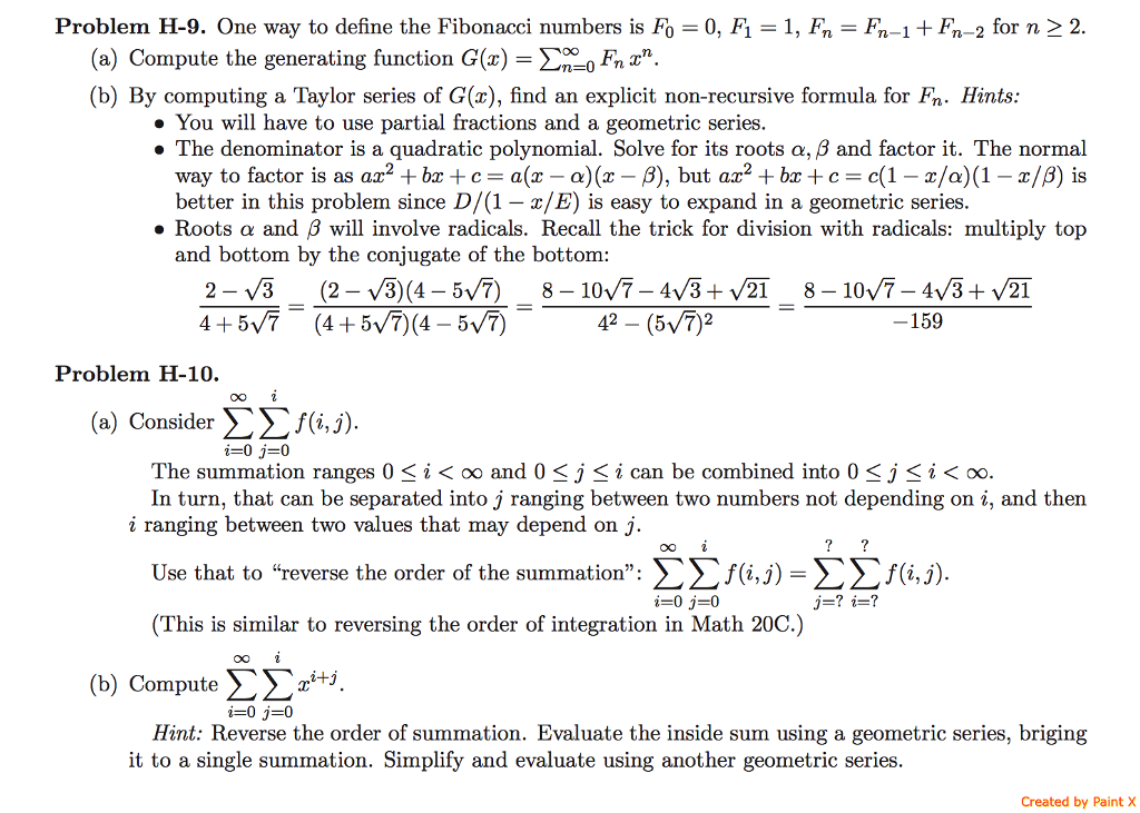 Solved Problem H-9. One way to define the Fibonacci numbers | Chegg.com