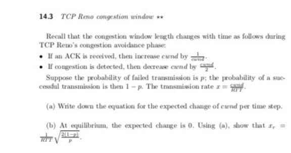 Solved TCP Reno congestion window ** Recall that the | Chegg.com