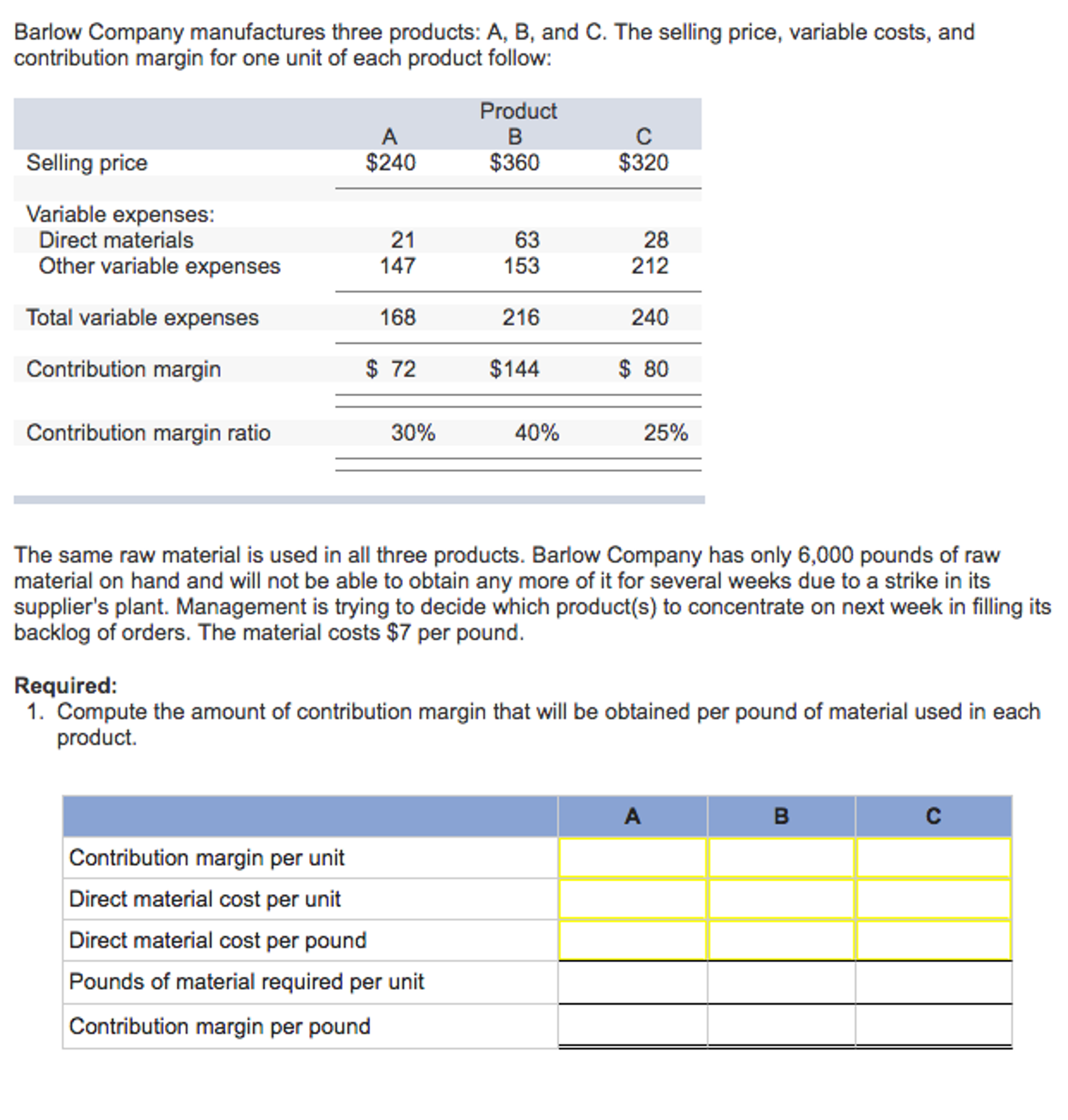 Solved Barlow Company manufactures three products: A, B, and | Chegg.com