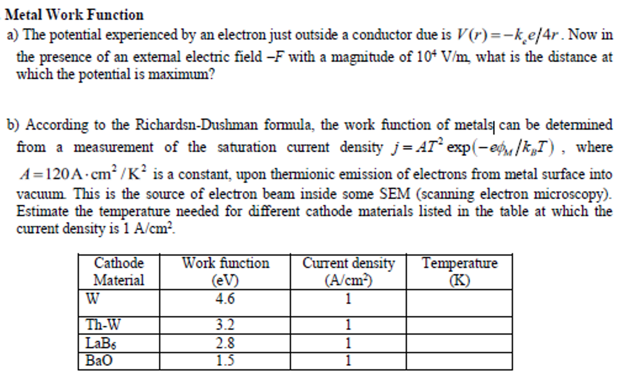 Solved Metal Work Function The potential experienced by an | Chegg.com