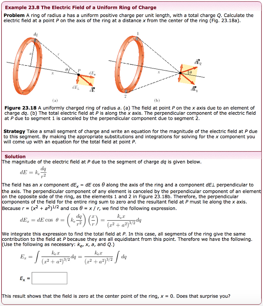 Solved Example 23.8 The Electric Field of a Uniform Ring of