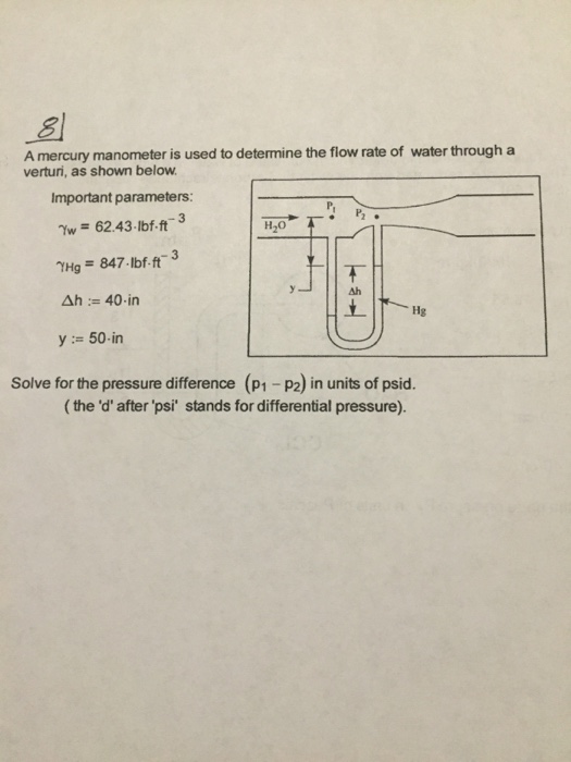 Solved A mercury manometer is used to determine the flow | Chegg.com