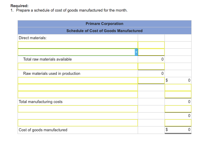 Solved Primare Corporation has provided the following data | Chegg.com