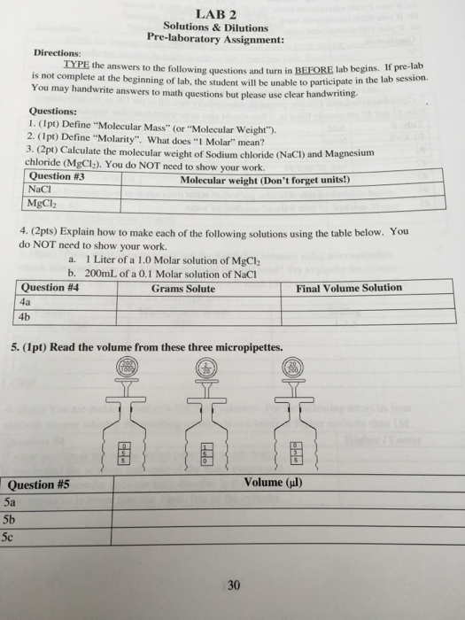 Solved LAB 2 Solutions & Dilutions Prelaboratory