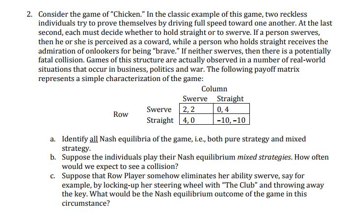 Solved Consider The Game Of "Chicken." In The Classic | Chegg.com