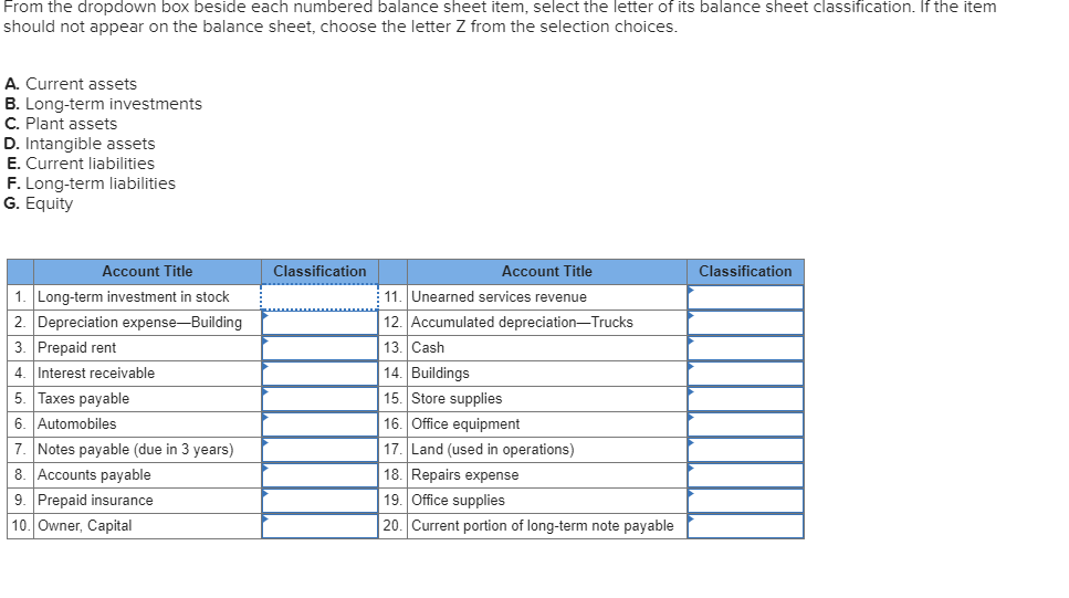 Solved From The Dropdown Box Beside Each Numbered Balance 