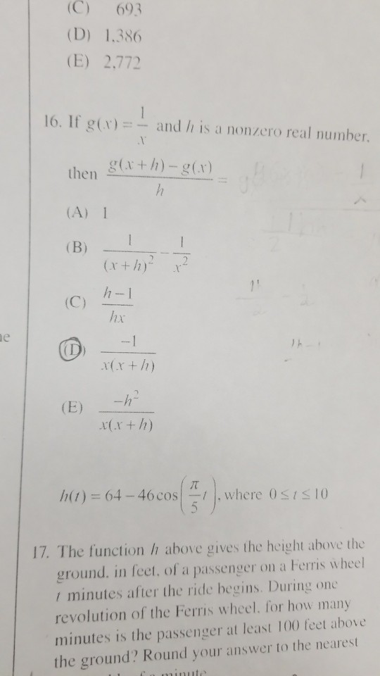 Solved (C) 693 (D) 1.386 (E) 2.772 16. If g(x) and h is a | Chegg.com