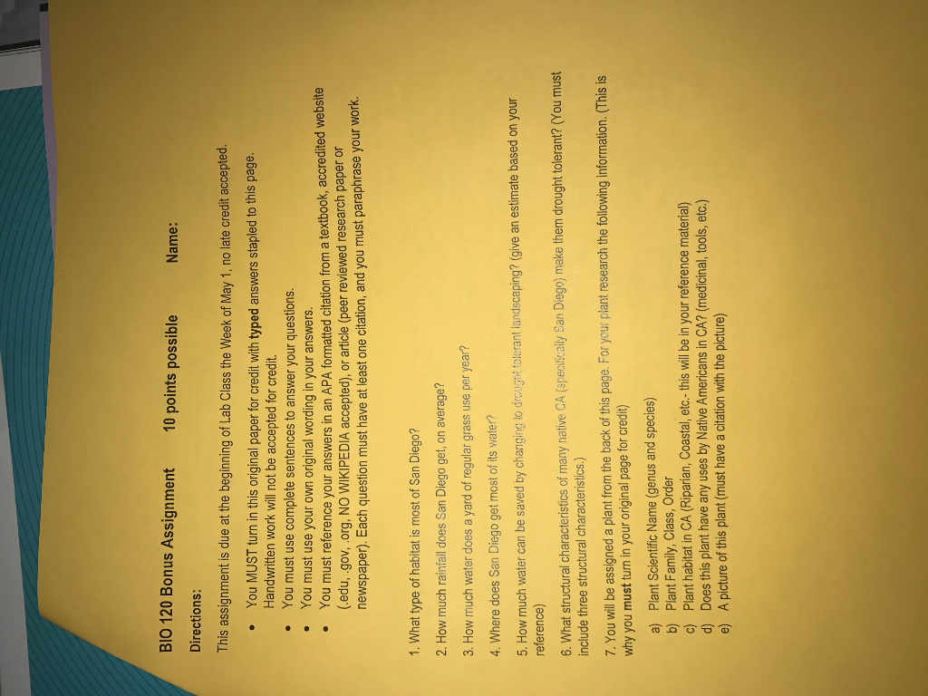 Solved BIO 120 Bonus Assignment 10 points possible Name: | Chegg.com