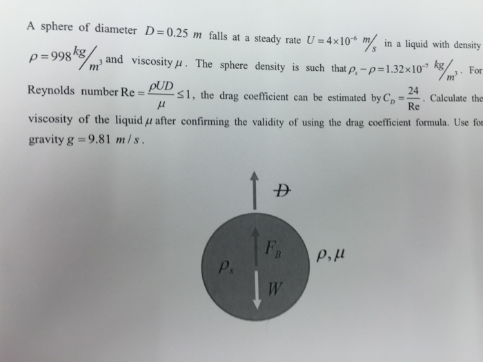 Solved A Sphere Of Diameter D = 0.25 M Falls At A Steady | Chegg.com