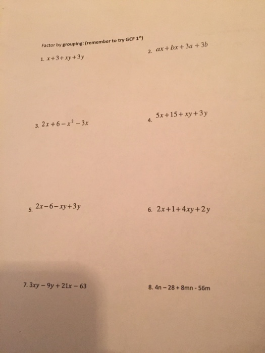 Solved Factor by grouping x+3+xy+3y ax+by+3a+3b | Chegg.com