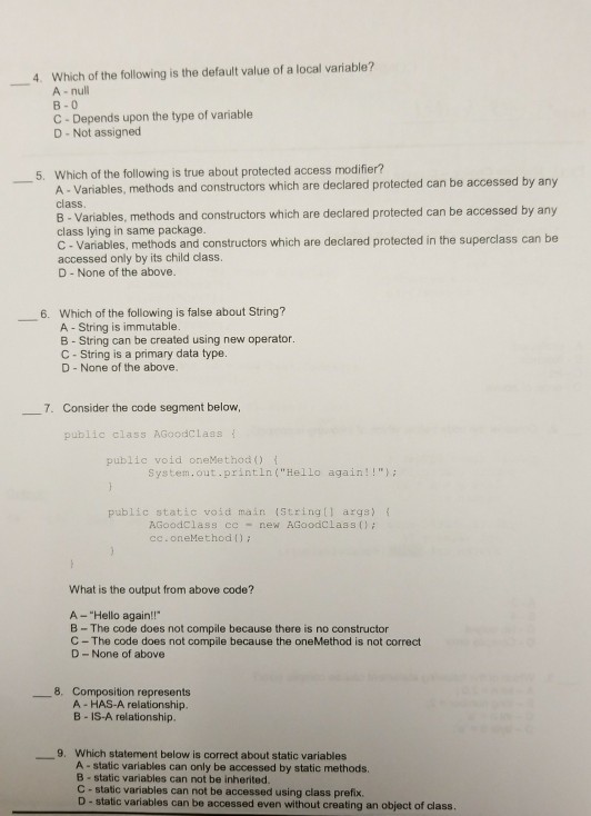 Solved _ 4 Which of the following is the default value of a | Chegg.com