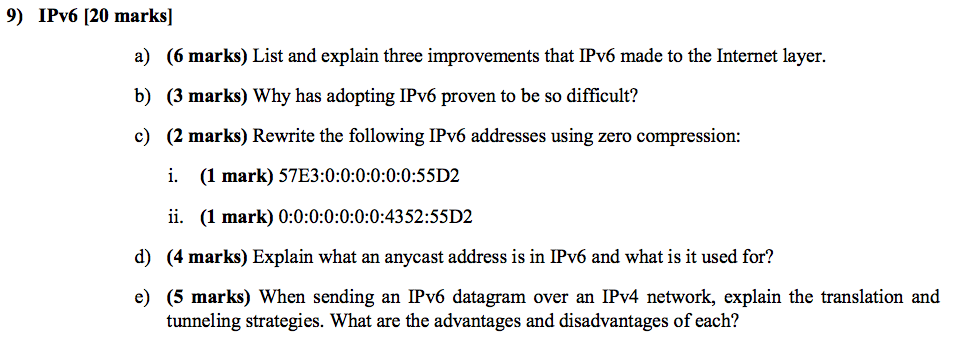 Solved 9) IPv6 120 marks] a) b) c) (6 marks) List and | Chegg.com