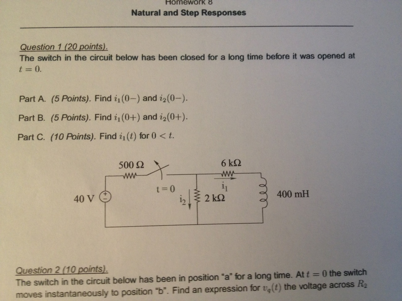 Solved Question 1 (20 points). The switch in the circuit | Chegg.com