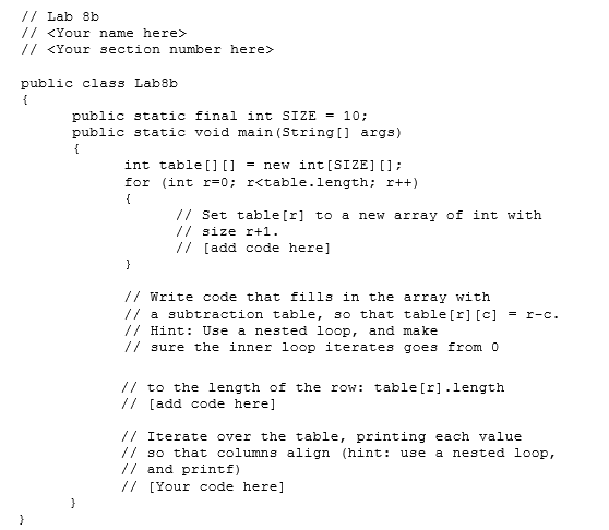 fill in the code to create a subtraction table with | Chegg.com