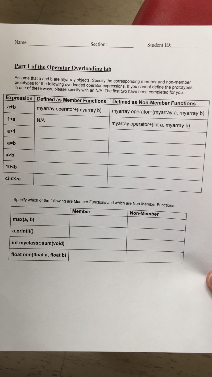 Solved Name: Section: Student ID: Part 1 of the Operator | Chegg.com