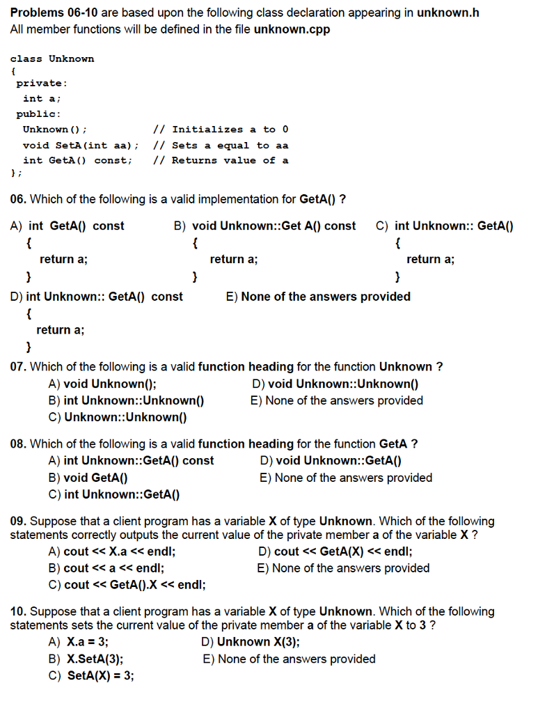 Solved Problems 06-10 are based upon the following class | Chegg.com