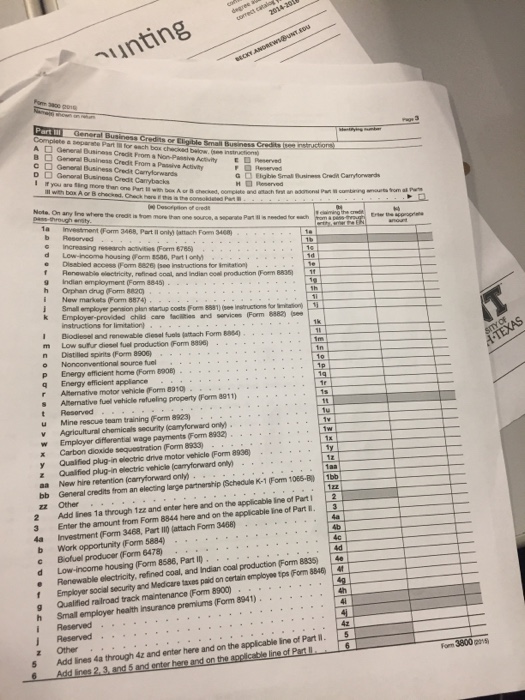 3800 General Business Credit Form 3000 20 15 Last Chegg