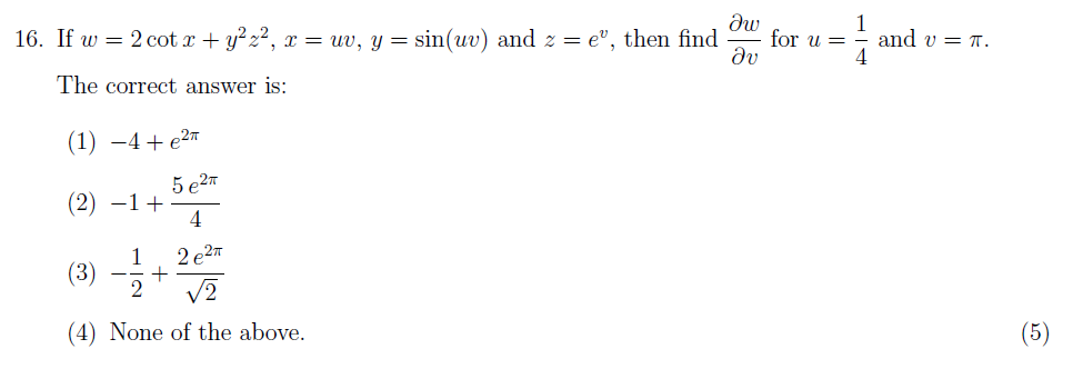 Solved 16. If w = 2 cotx + y222, x = uv, y = sin(n) and z = | Chegg.com