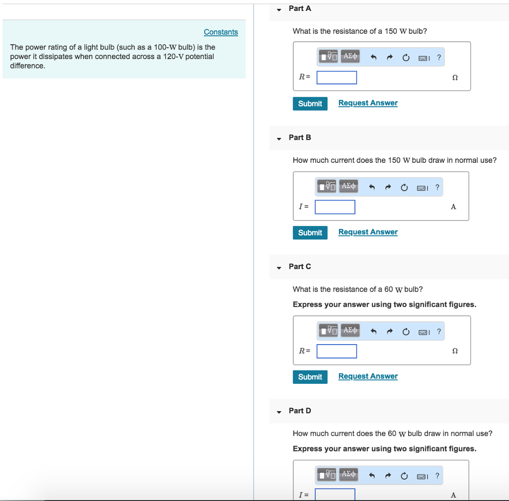 Solved Part A Constants What is the resistance of a 150 W