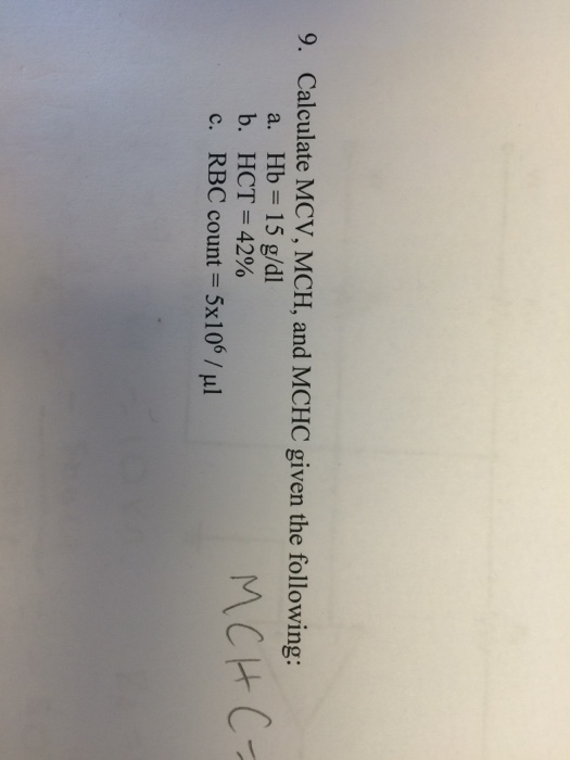 Solved calculate mcv mch and mchc given the following hb chegg