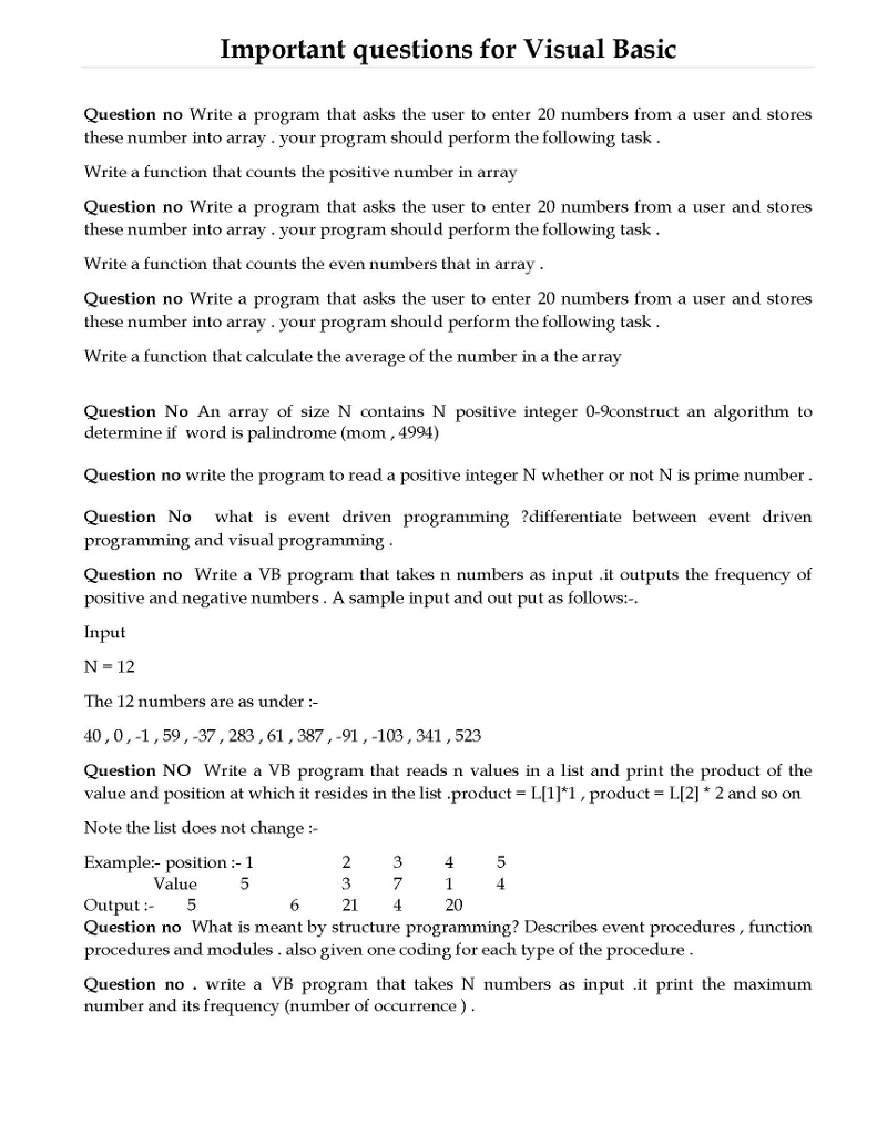 Solved Important questions for Visual Basic Question no | Chegg.com