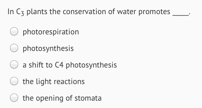 Solved In C3 plants the conservation of water promotes | Chegg.com