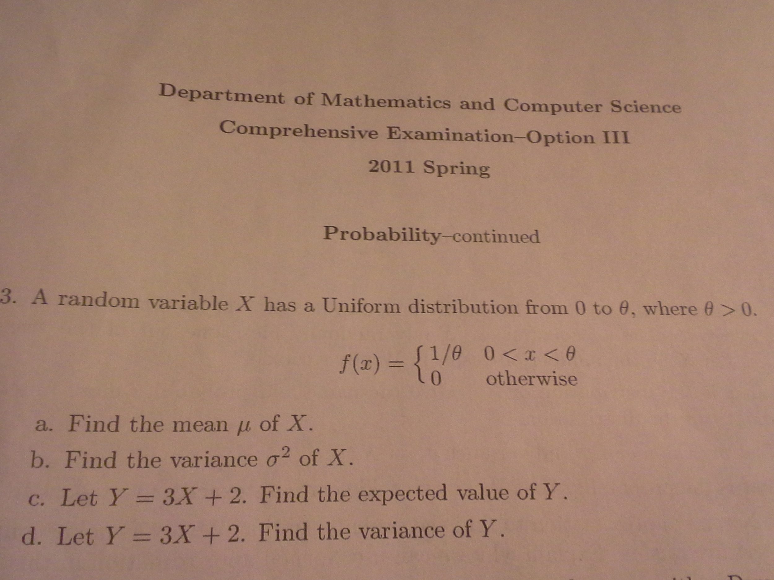 Solved A Random Variable X Has A Uniform Distribution From 0