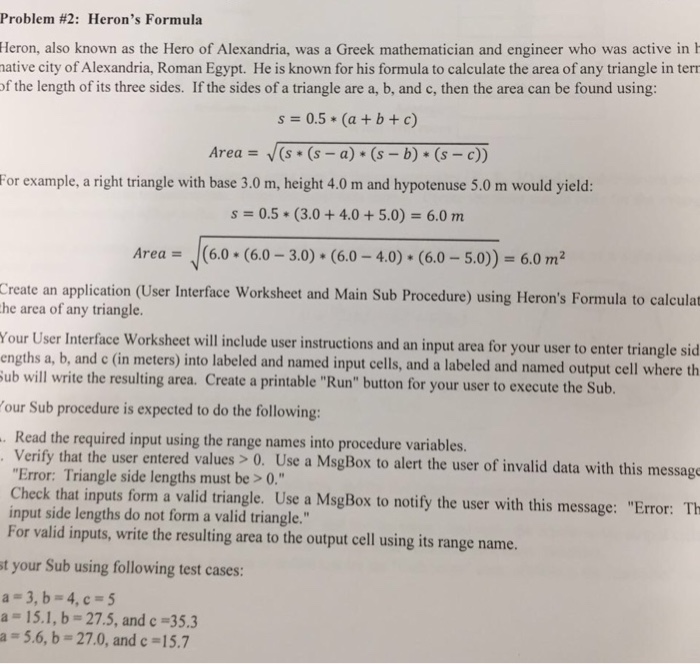 Solved Problem #2: Heron's Formula Heron, also known as the | Chegg.com